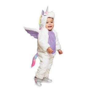 Infant Girls White & Purple Plush Unicorn Hooded Jumpsuit Pegasus Costume 0-6M